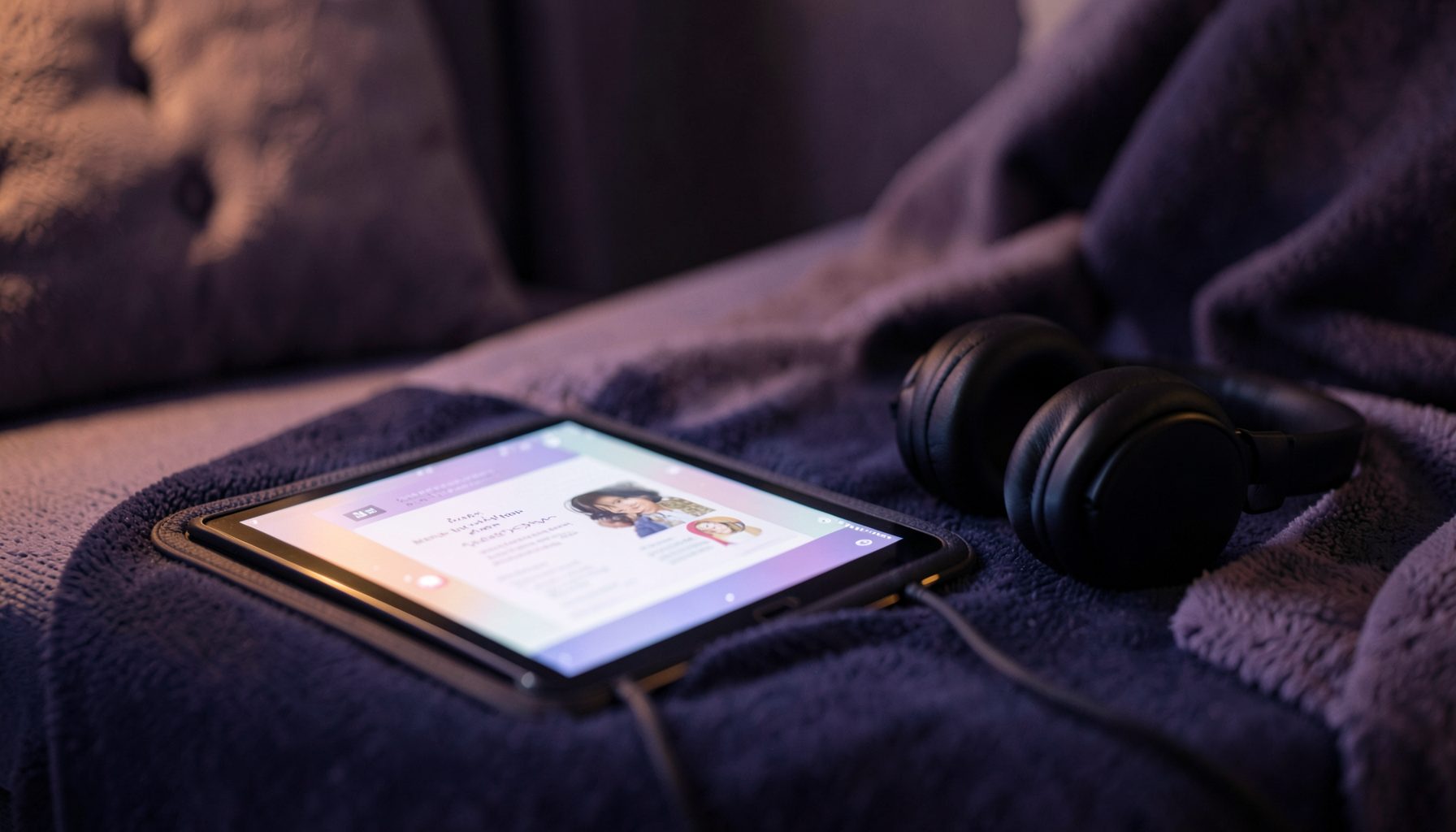 A cozy reading scene with warm lavender and deep navy tones, showing a pair of headphones resting beside a softly glowing digital tablet, evoking a calm and inviting mood for listening to stories