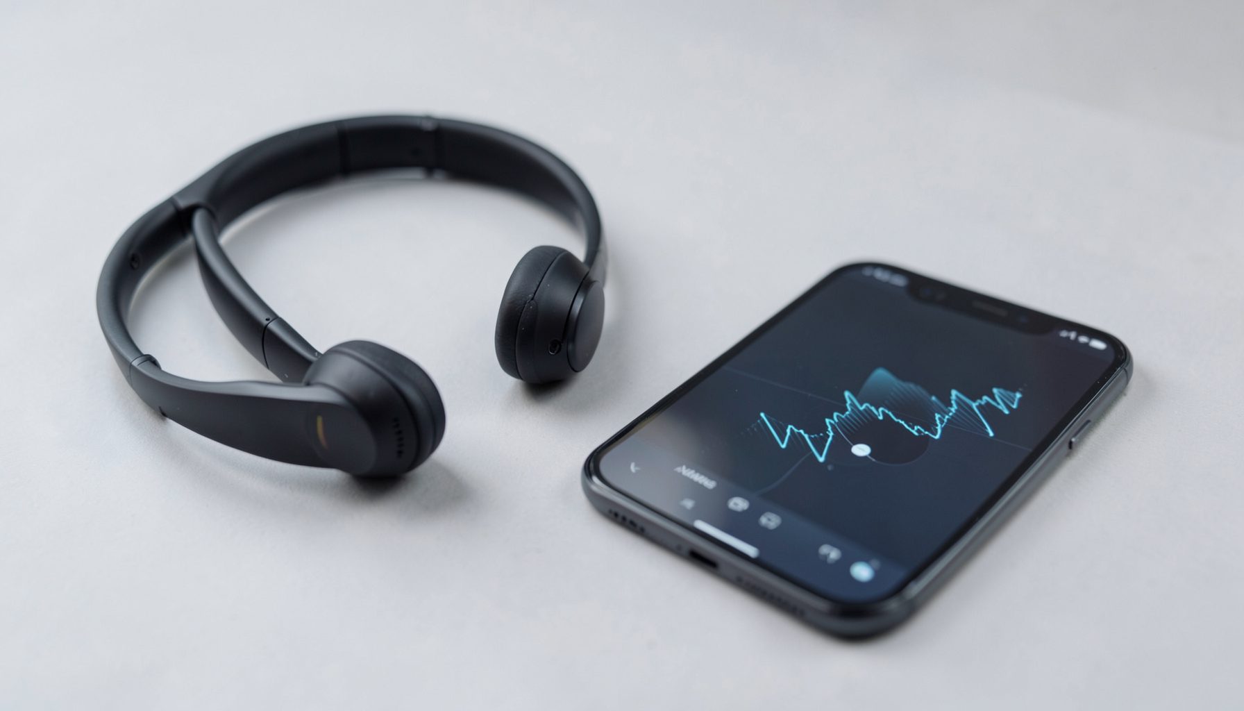 Wireless headphones resting on a light grey surface next to a smartphone with a subtle audio waveform, minimal and calm mood