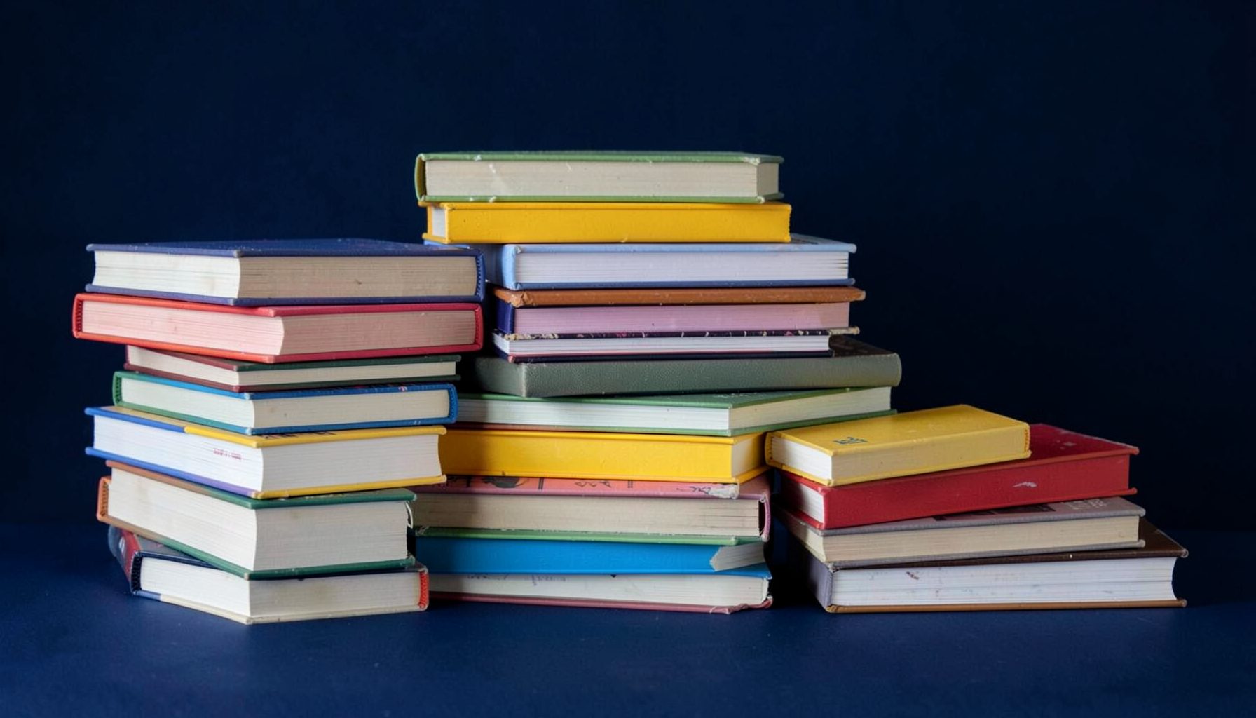 Stacks of colorful hardcover and paperback books arranged neatly against a deep navy blue background, evoking a calm and inviting reading atmosphere