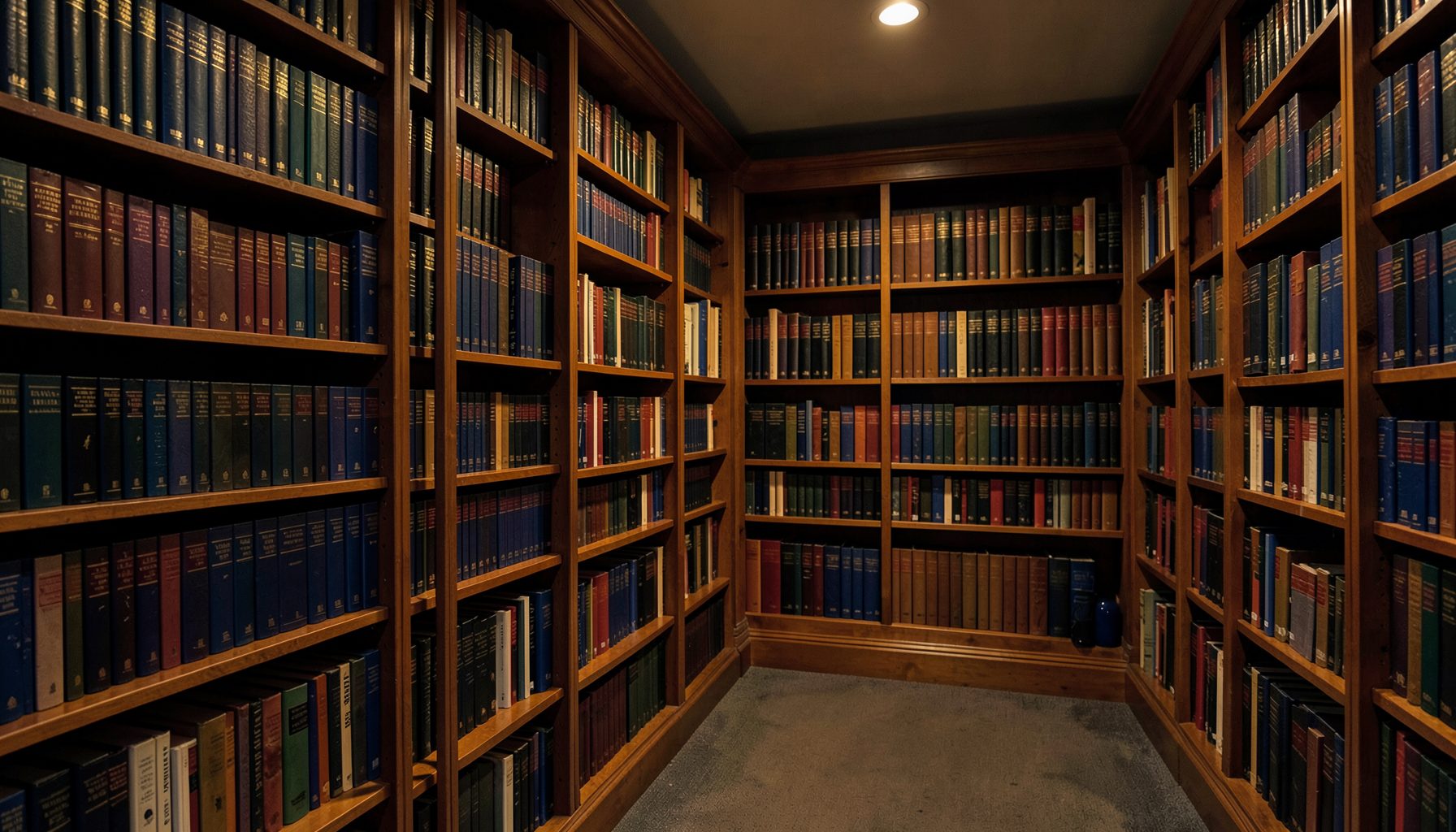 A quiet library reading room with tall wooden bookshelves, warm amber lighting, and deep navy shadows across the spines of academic hardcovers.