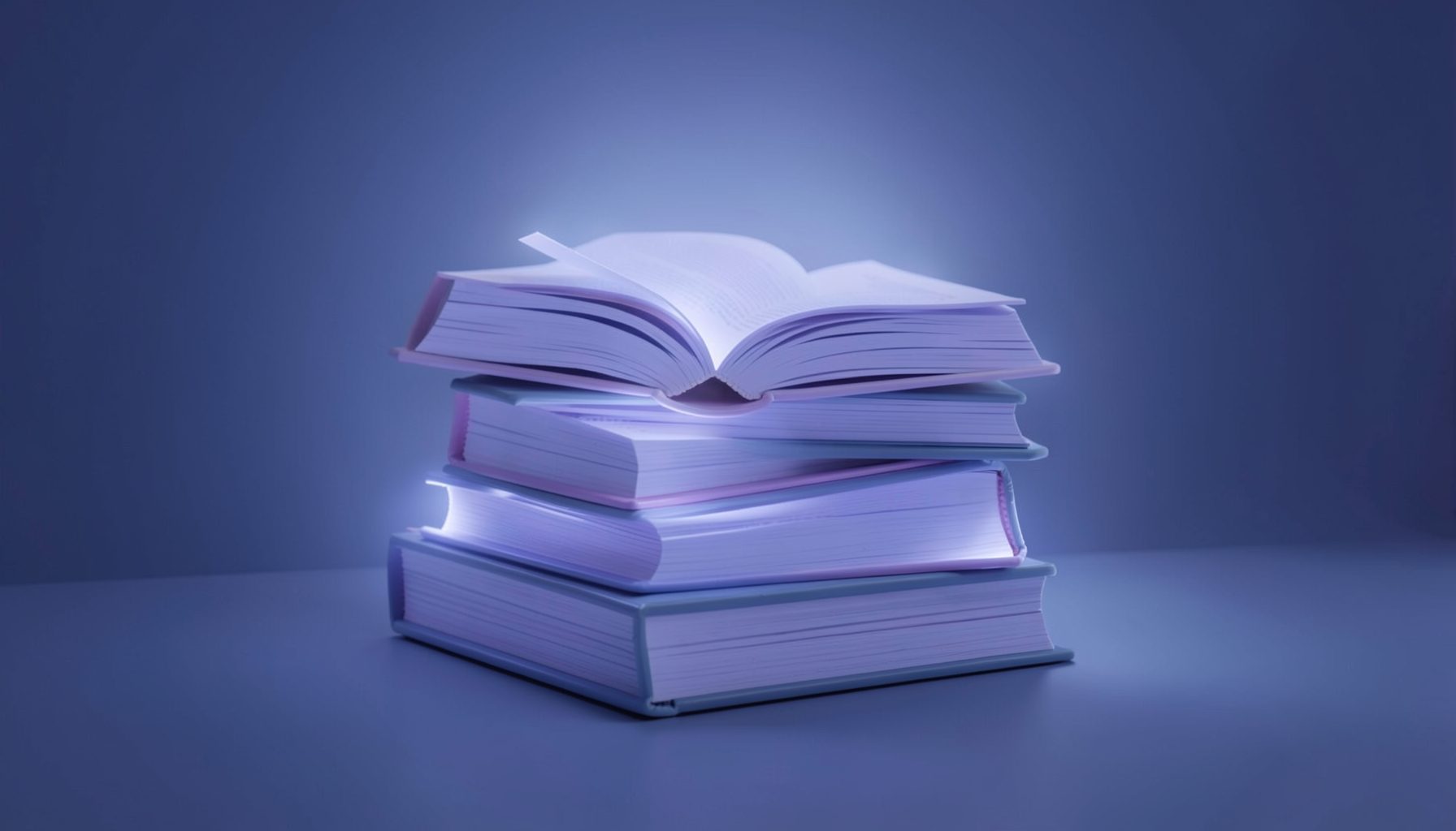 Soft navy and lavender toned illustration of stacked open books glowing gently, evoking a calm digital reading nook