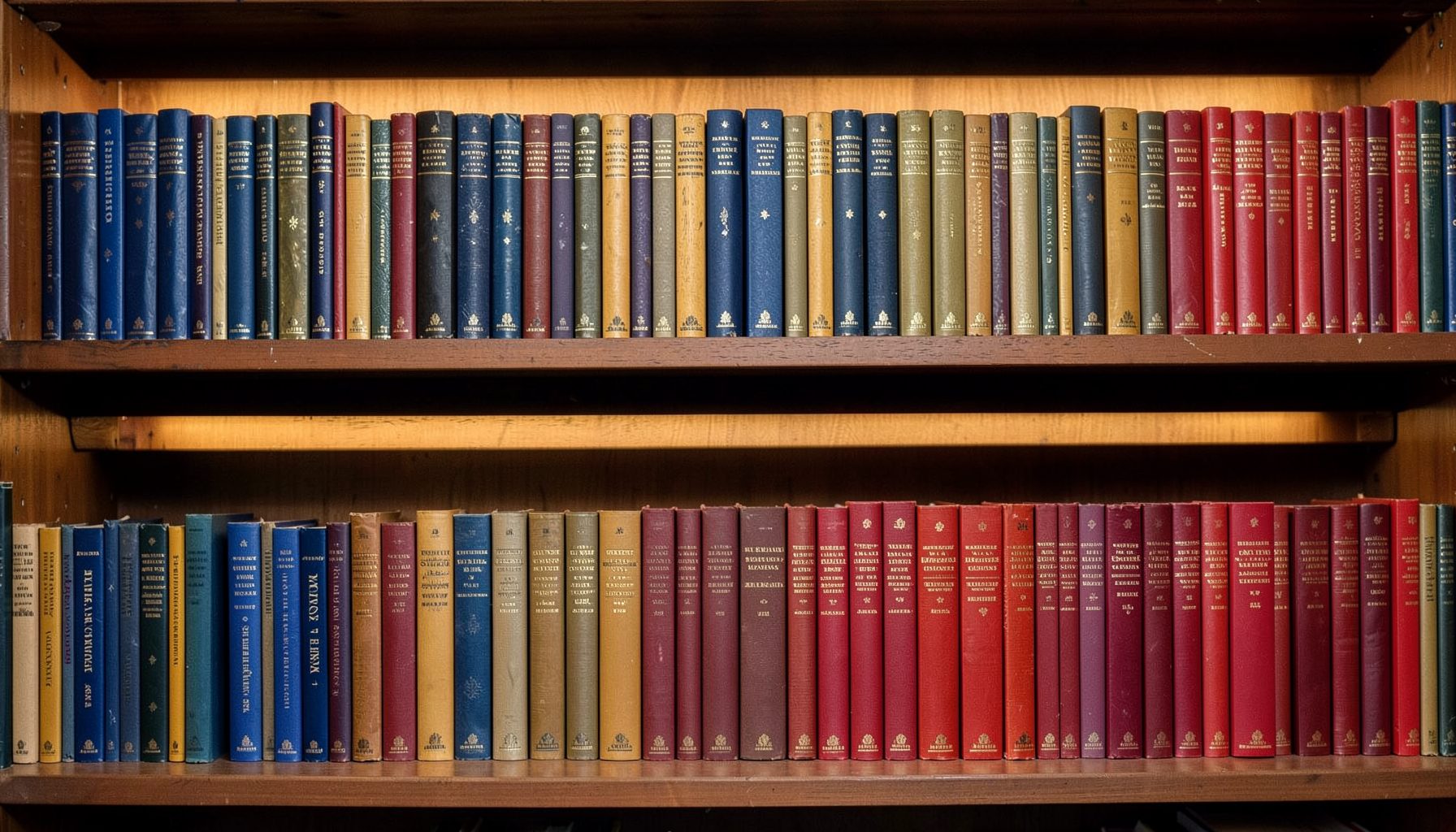 Rows of colorful book spines in deep blues, warm golds, and rich reds, softly lit on wooden shelves, creating a calm library atmosphere.