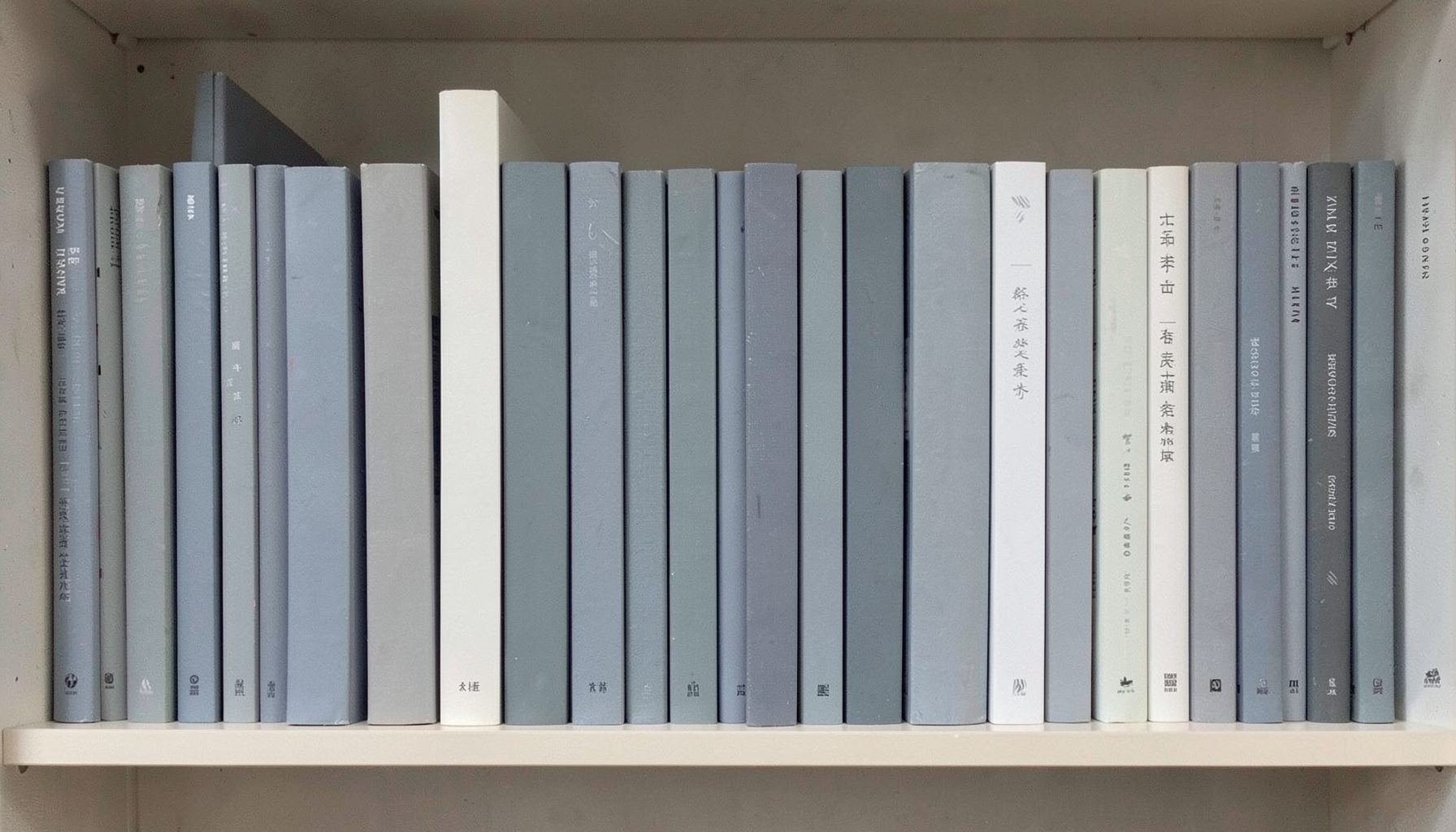 A neatly arranged shelf of paperback books in muted slate blue and white covers, evenly spaced, calm and orderly mood