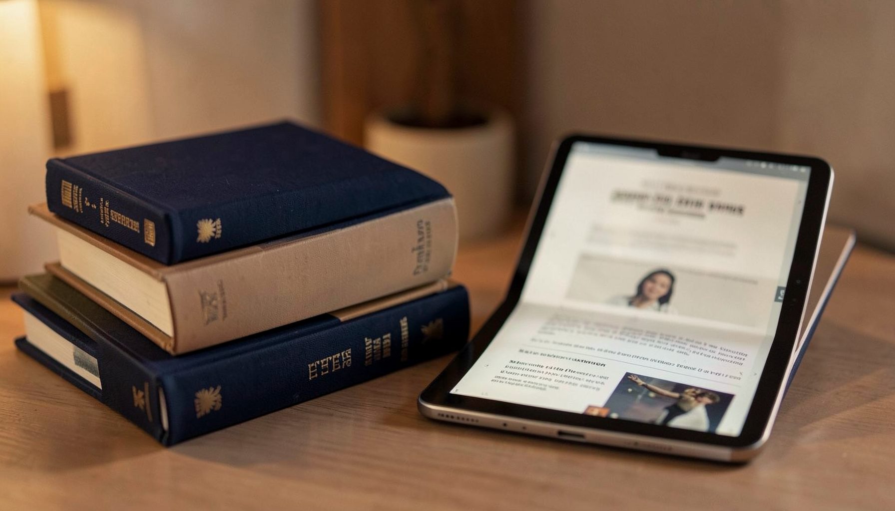 A softly lit stack of hardcover and paperback books in deep navy blue and warm cream tones, arranged beside a tablet displaying an open ebook, evoking a calm, inviting reading nook atmosphere